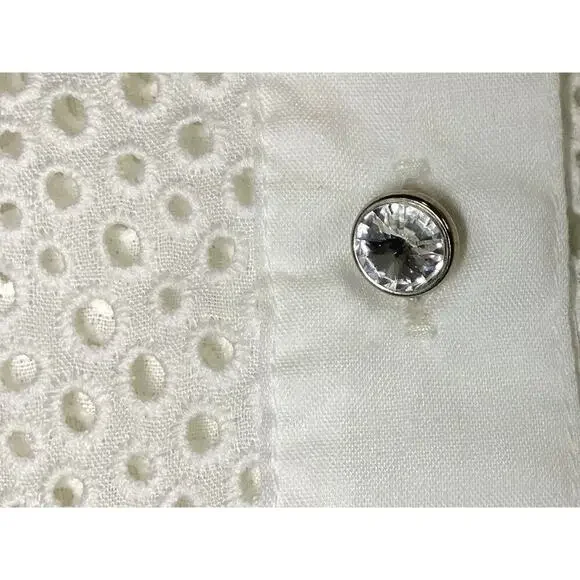Escada white eyelet short-sleeved shirt rhinestone-embellished buttons size 38 - Picture 6 of 11
